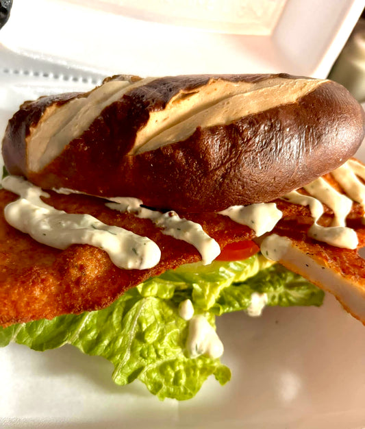 Schnitzel Sandwich on Pretzel Baguettes or Pretzel Focaccia